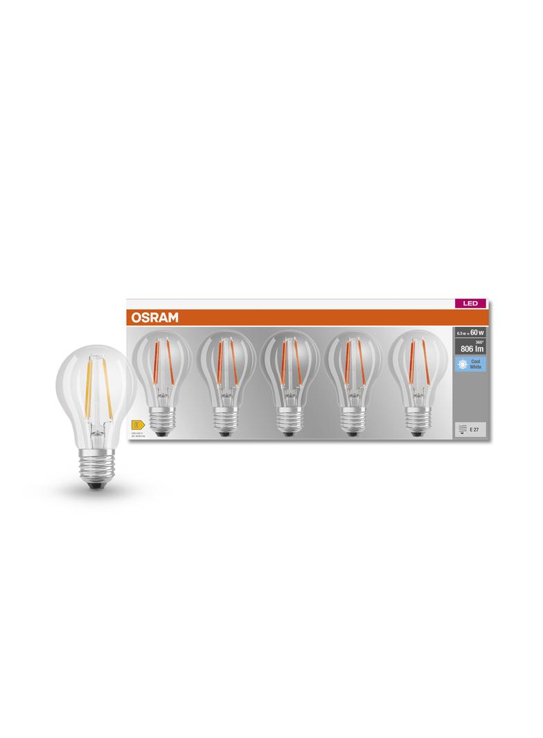 Żarówka LED x5 A60 E27 6.5W = 60W 806lm 4000K Neutralna 300° Filament BASE Osram