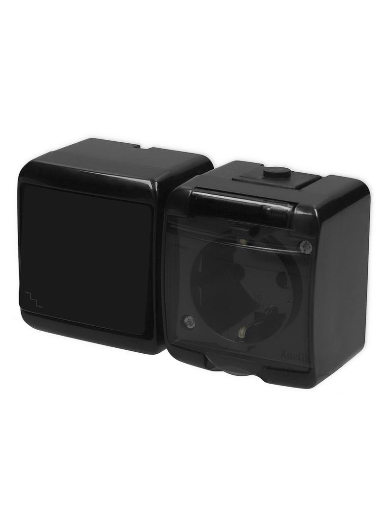 JUNIOR Łącznik schodowy z gniazdem pojedynczym z uziemieniem SCHUKO 2P+Z (klapka dymna; bez przesłon