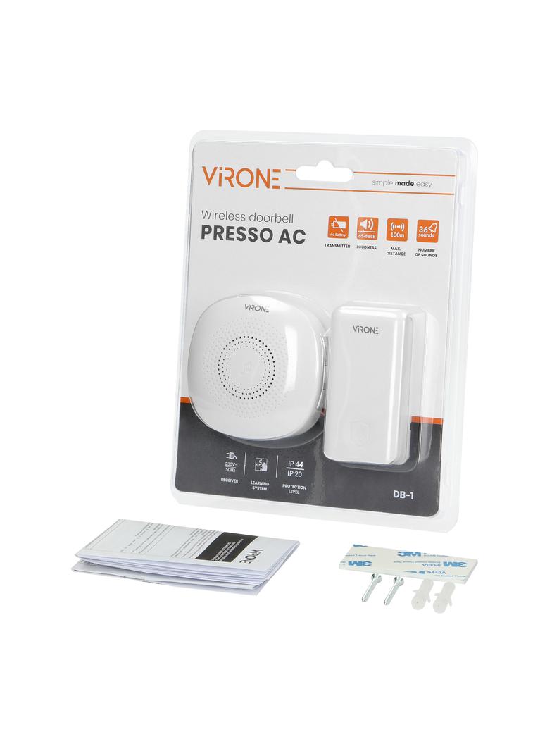 Dzwonek bezprzewodowy PRESSO AC z przyciskiem kinetycznym learning system 36 dźwięków DB-1 ORNO