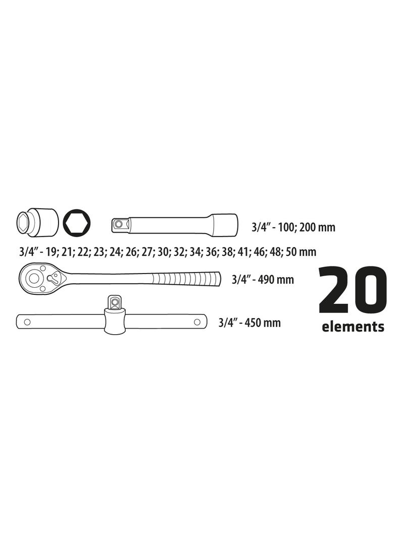 Klucze nasadowe 3/4", zestaw 20 szt.