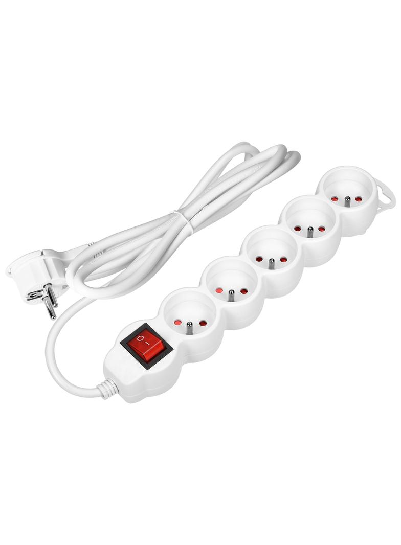 Przedłużacz 5-krotny 2P+Z, z wyłącznikiem, 3m H05VV-F 3x1,5mm2, Imax=16A, płaska wtyczka, biały