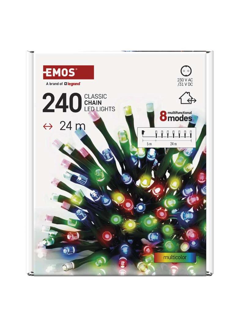 Lampki choinkowe Classic 240 LED 24m multikolor ziel. przew. IP44 8 programów timer D4AM25 EMOS