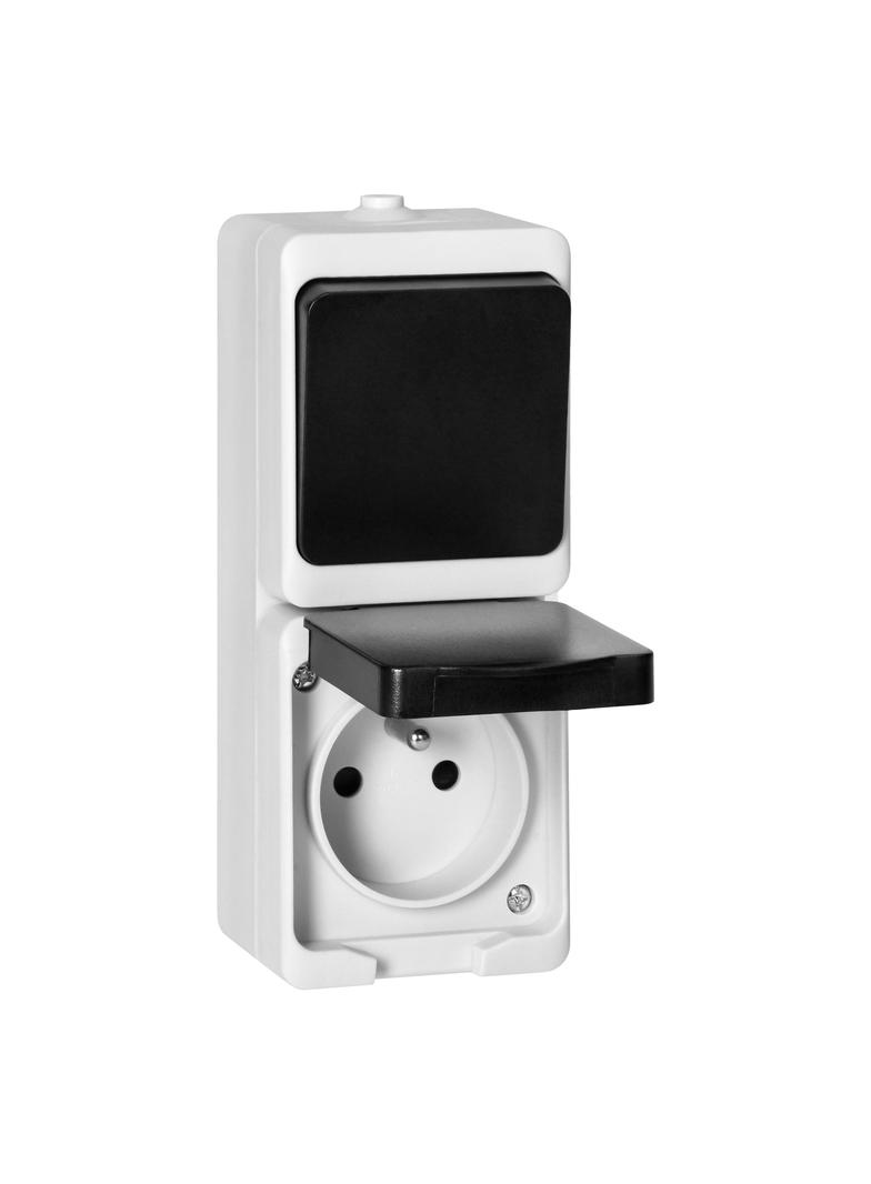 Łącznik jednobiegunowy + Gniazdo 2P+Z AQUATIC MINI IP54, 10A/16A, 230V AC, biało-czarne