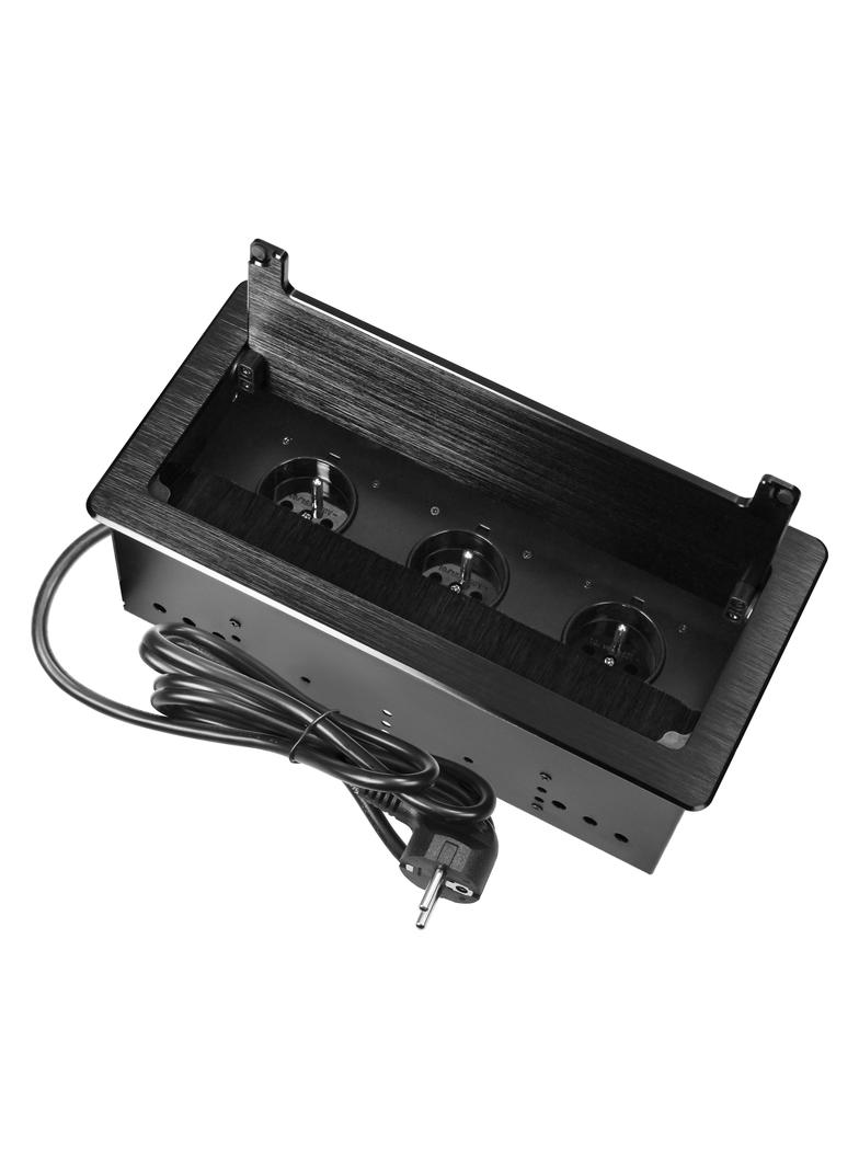 Gniazdo meblowe wpuszczane w blat z płaskim frezowanym rantem szczotką przeciwkurzową i przewodem 1,