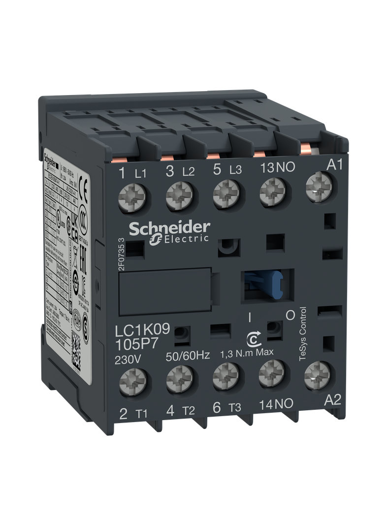 Stycznik mocy, TeSys K, AC3, 9A, 3P, 1NO, cewka 110VAC, nóżki lutownicze