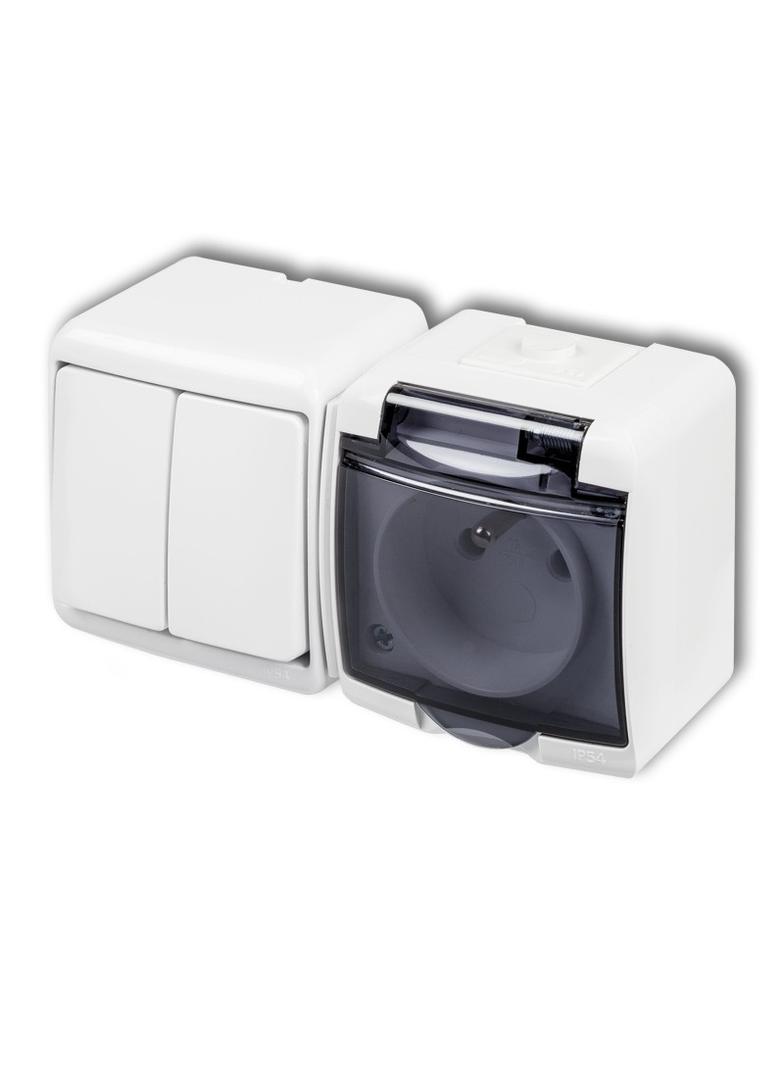 JUNIOR Łącznik świecznikowy z gniazdem pojedynczym z uziemieniem 2P+Z (klapka dymna; przesłony torów