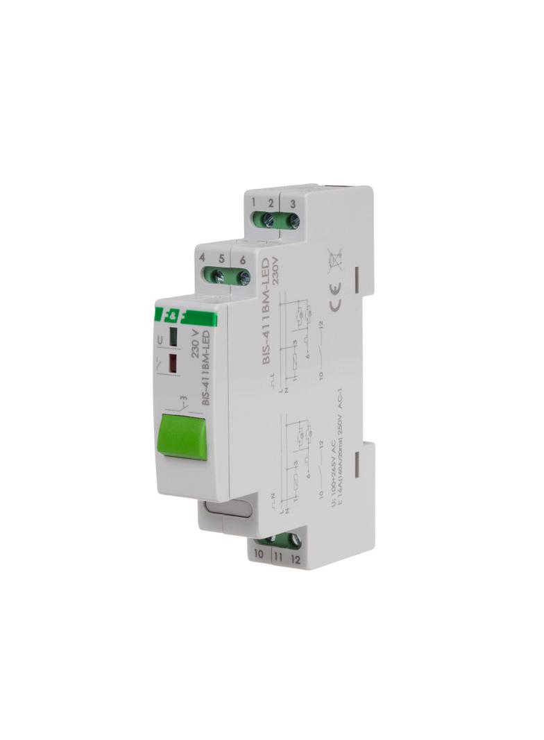 Przekaźnik bistabilny BIS-411BM-LED z przyciskiem do sterowania ręcznego, pamięcią, montaż na szynie
