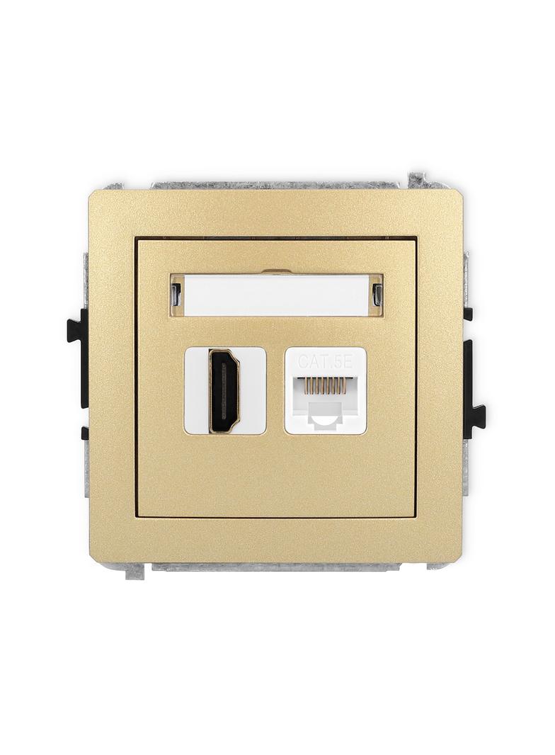 DECO Mechanizm gniazda pojedynczego HDMI 2.0 + gniazda komp. poj. 1xRJ45, kat. 5e, 8-stykowy złoty