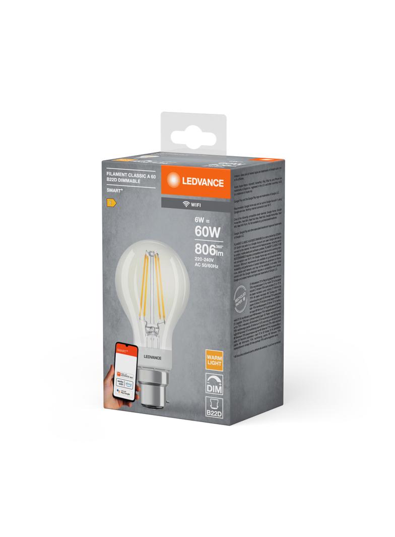Żarówka LED B22d A60 6W = 60W 2700K Ciepła 806lm 300° Filament SMART+ WIFI Ściemnialna 4058075609891 LEDVANCE