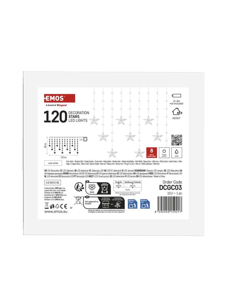 Świąteczna girlanda LED – gwiazdki 170 x 85 cm 3 baterie AA IP44. zimna biała timer EMOS