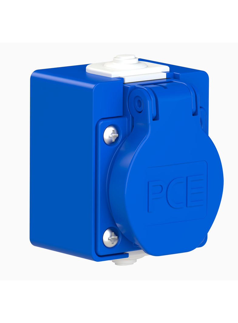 GNIAZDO WTYCZKOWE 230V Z BOLCEM Z PUSZKĄ NADTYNKOWĄ Niebieskie z puszką niebieską 104-0hp 104-0HP PCE