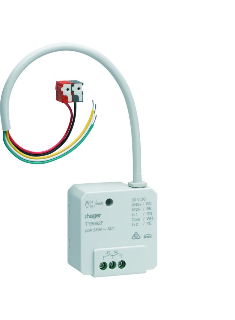 KNX system Sterownik załączający/żaluzjowy 2-/1-krotny + wejście 2-kr. p/t 6 A TYB692F HAGER
