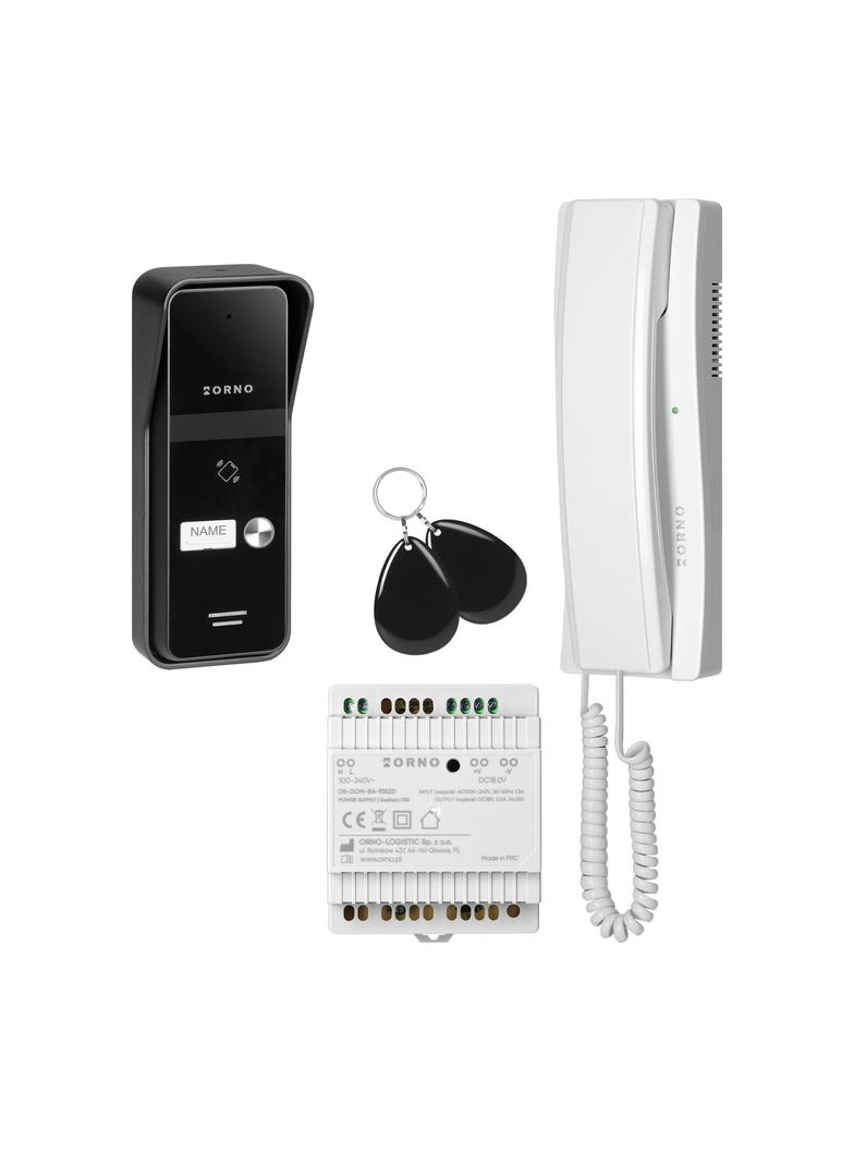 ENIR, zestaw domofonowy jednorodzinny, 2-żyłowy, zasilacz na szynę DIN, z czytnikiem breloków, biały