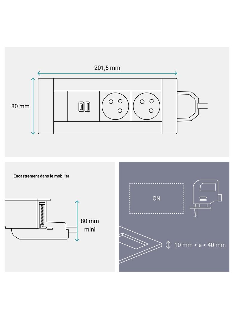 INCARA: MULTILINK - 2X2P+Z / USB A+C - 2,0 M-METAL, Legrand