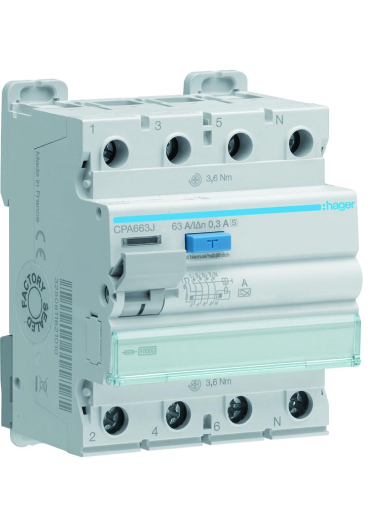 RCCB Wyłącznik różnicowoprądowy 10kA 3P+N 63A 300mA typ A S CPA663J HAGER
