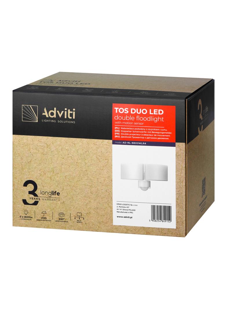TOS DUO LED 2x20W podwójny naświetlacz ogrodowy z czujnikiem ruchu PIR 2x1600lm IP65 4000K neutralna biel PC biały AD-NL-6603WLR4 ORNO