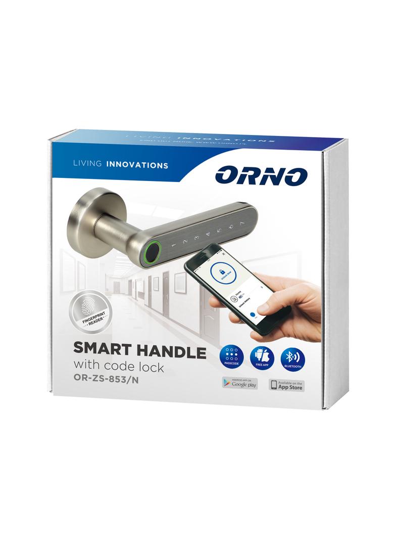 Klamka szyfrowa z klawiaturą dotykową. Otwierana na PIN z czytnikiem linii papilarnych oraz telefon