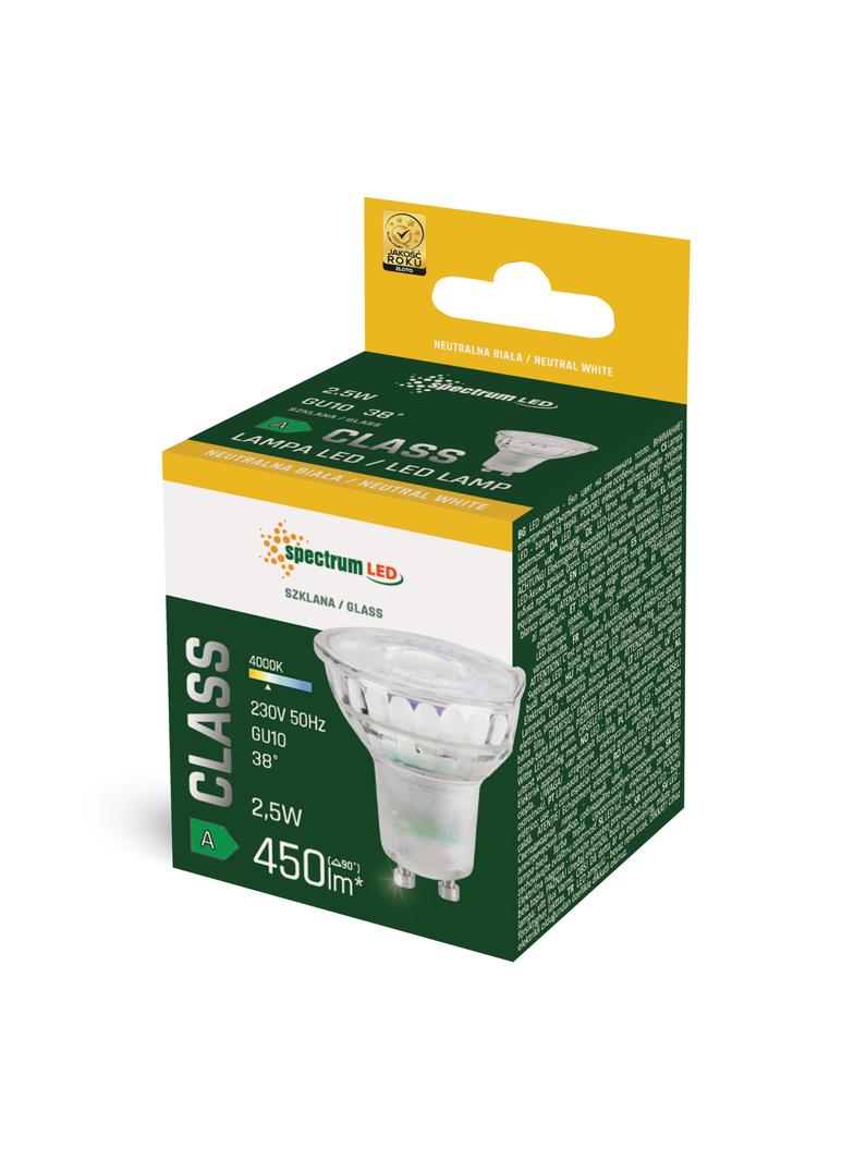 LED GU10 230V 2,5W SMD  A-CLASS NW z soczewką szklana 38st  SPECTRUM