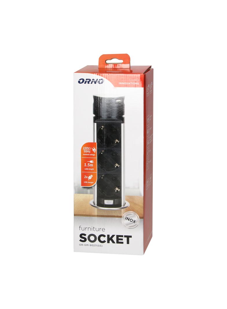 Gniazdo meblowe O6cm wysuwane z blatu z ładowarką USB i przewodem 1,5m 3x2P+Z (Schuko) 2xUSB (typ OR