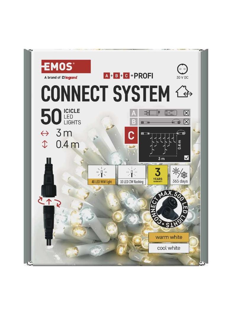 Oświetlenie łączone Profi sople 50LED 3m ciepła+zim biel biały błysz przewód IP44 timer D2CN02 EMOS