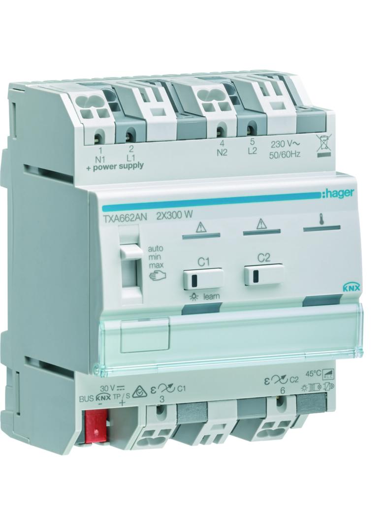KNX e/s Ściemniacz uniwersalny 2-kan 2x300 W wielofazowy f. sumowania obc. TXA662AN HAGER