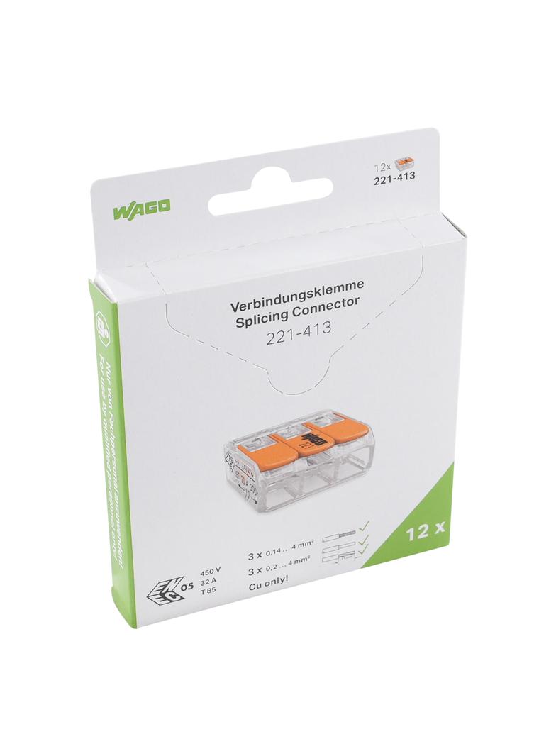 Szybkozłączka z dźwignią 3x0,2‑4mm2 transparentna / pomarańczowa 221‑413/995‑012 /12szt./ WAGO