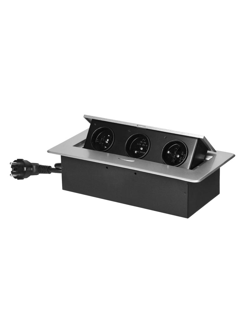 Gniazdo meblowe wpuszczane w blat z płaskim frezowanym rantem i przewodem 1,5m, 3x2P+Z, srebrne