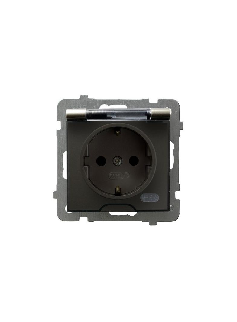 AS Gniazdo bryzgoszczelne z uziemieniem schuko IP-44 wieczko przezroczyste - kolor satyna light