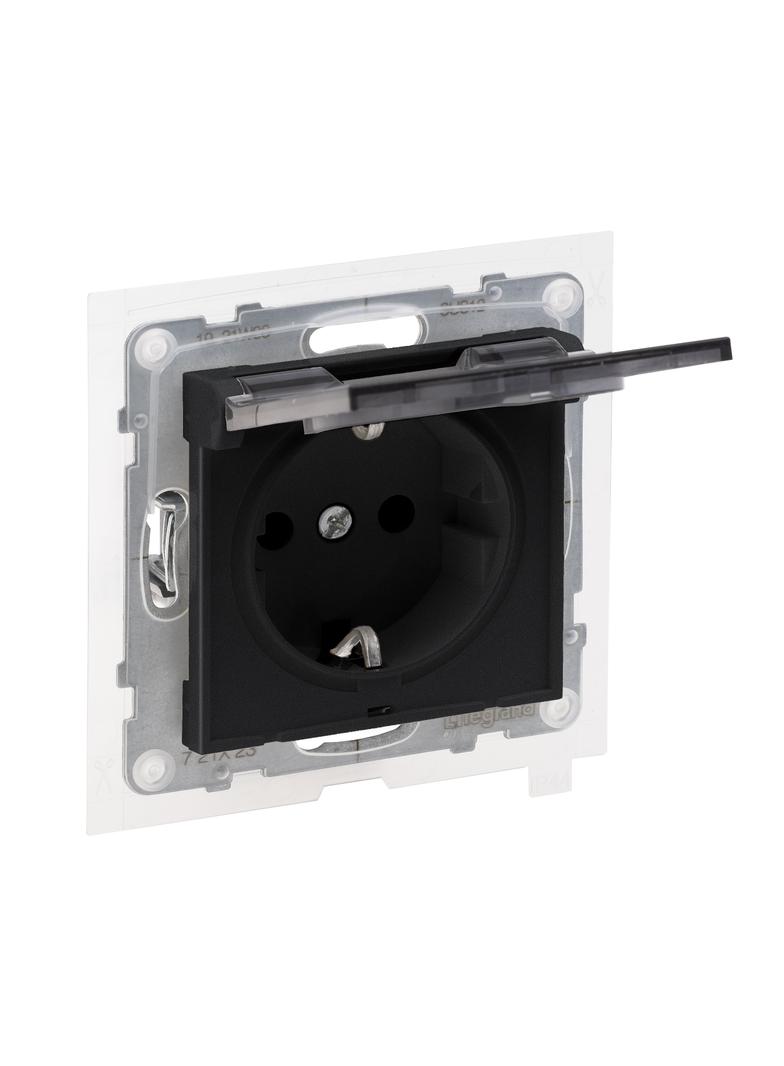 Suno Gniazdo Pojedyncze Z Uziemieniem Schuko 2P+Z- 16A 250 V Z Przesłoną IP44 Zaciski Automatyczne Czarny 721423 LEGRAND