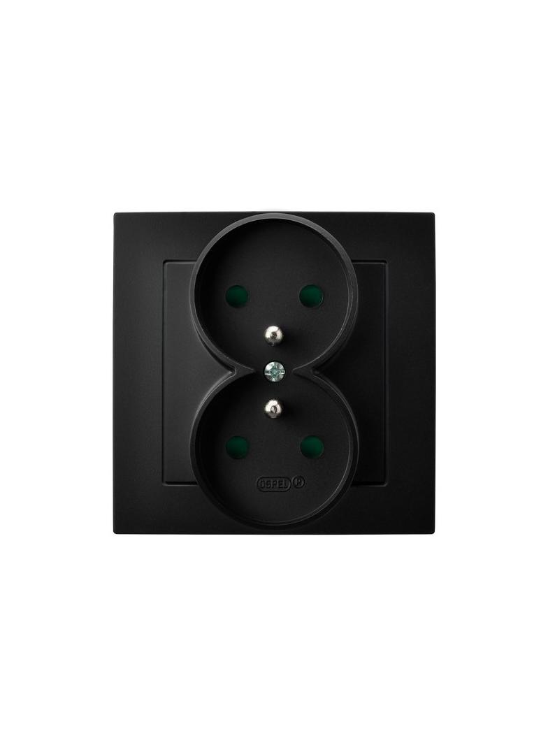 AS Gniazdo podwójne z uziemieniem z przesłonami torów prądowych, kompletne z ramką - kolor czarny me