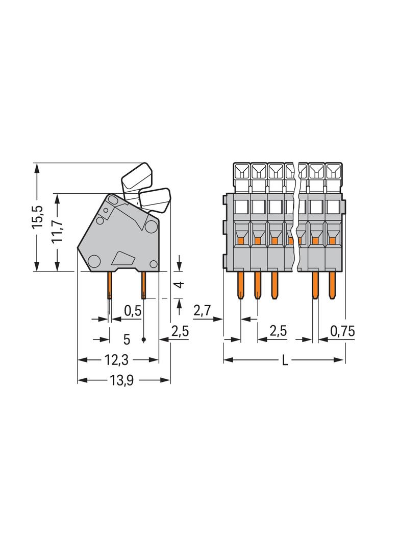 listwa zaciskowa do pł. drukowanych 5-bieg. szara raster 2,5 mm /85szt./ WAGO
