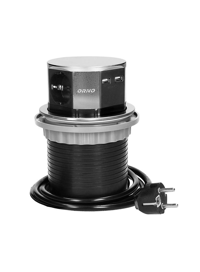 Gniazdo meblowe O10cm wysuwane z blatu z ładowarką USB i przewodem 1,5m, 3x2P+Z, 2xUSB, INOX, schuko OR-AE-1381(GS) ORNO