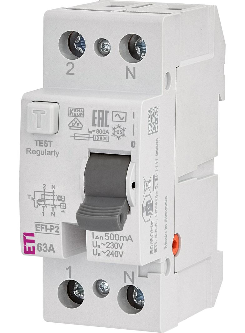 Wyłącznik różnicowoprądowy EFI-P2 AC 63/0.5 1P+N 63A 500mA Typ AC 002061243 ETI