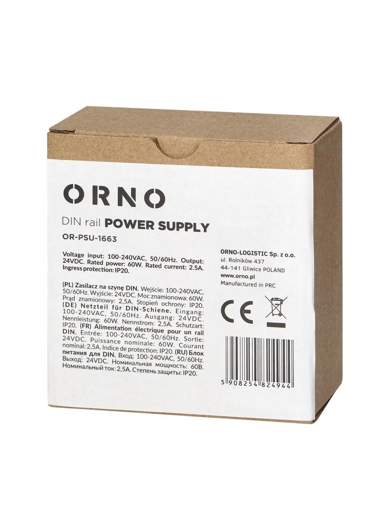 Zasilacz przemysłowy na szynę DIN 24VDC 2,5A 60W obudowa z tworzywa sztucznego OR-PSU-1663 ORNO