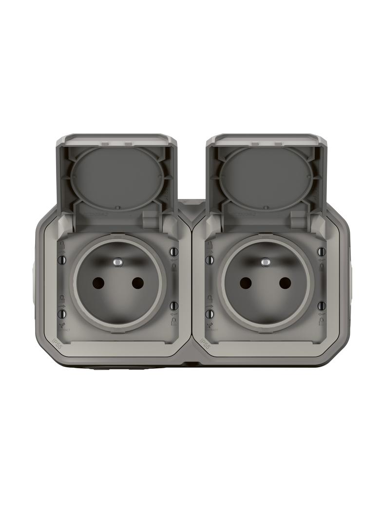 NOWE PLEXO - GNIAZDO 2X2P+Z POZIOME KOMPLET NATYNKOWY 16 A - 250 V~ SZARE