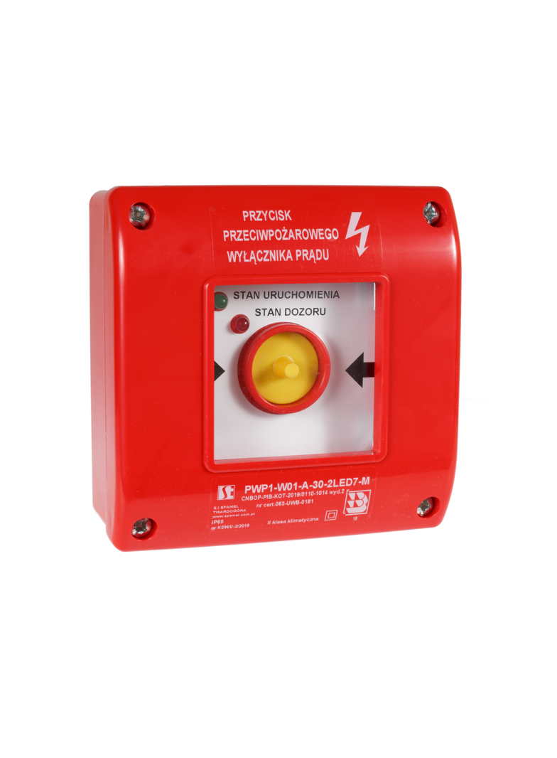 Ręczny przycisk ppoż wyłącznika prądu PWP 2Z 2LED zielony/czerwony 230V CNBOP SPAMEL
