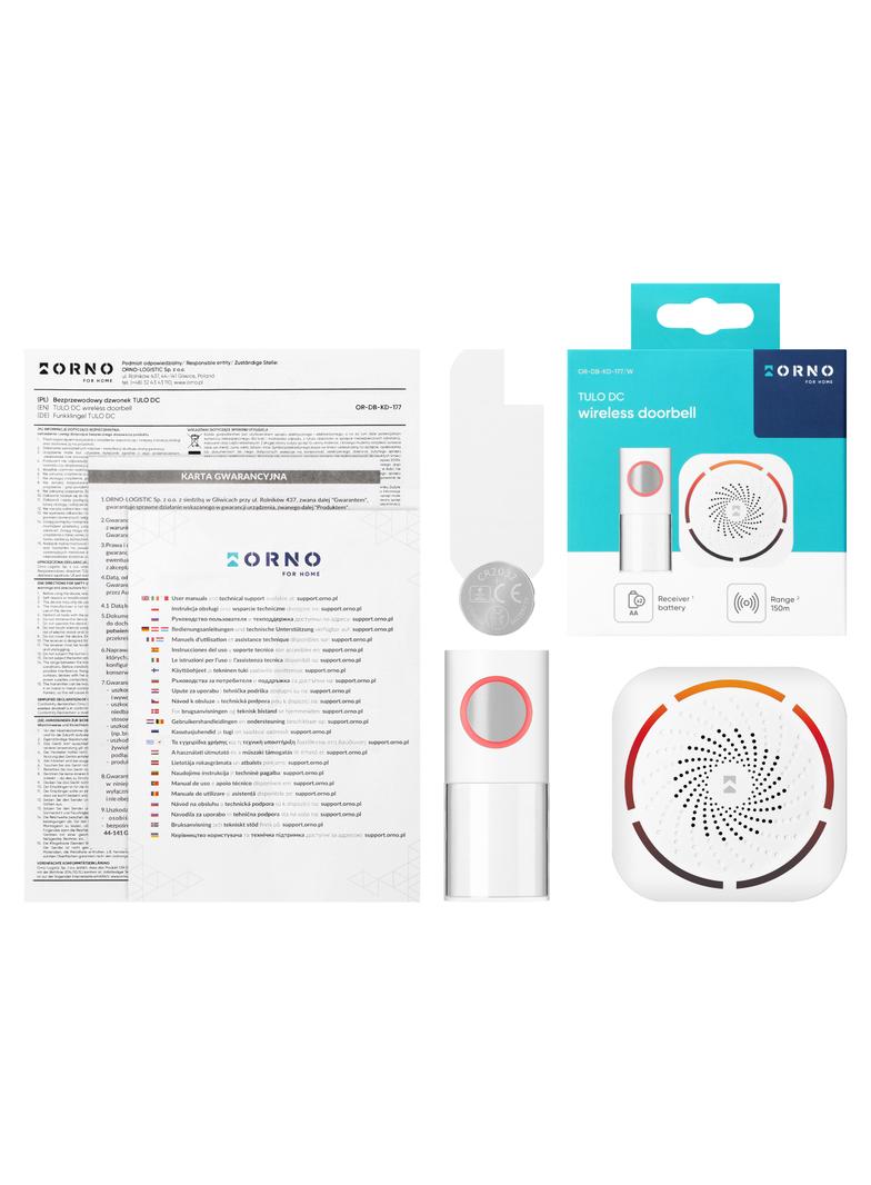 TULO DC , dzwonek bezprzewodowy bateryjny, learning system, 36 dźwięków, 150m, biały