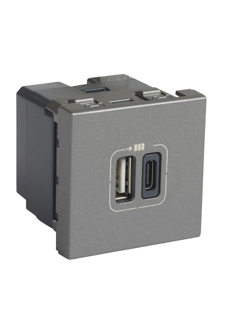 Mosaic - Ładowarka 2Xusb 2400 Ma Typ-A + Typ-C Aluminium 079392 LEGRAND