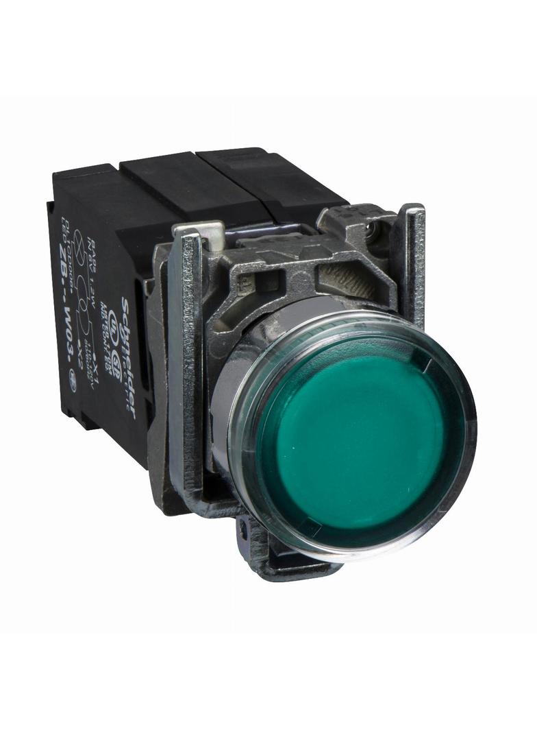 Harmony XB4 Przycisk płaski zielony żarówka BA9s 110/120V transformator metalowy 1Z + 1R XB4BW3335 Schneider