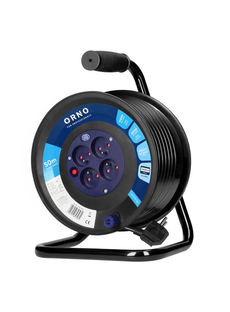 Przedłużacz bębnowy, 4 gniazda 2P+Z, kabel PVC H05VV-F 3x1.5mm2, 50m, termik, przesłony torów prądow