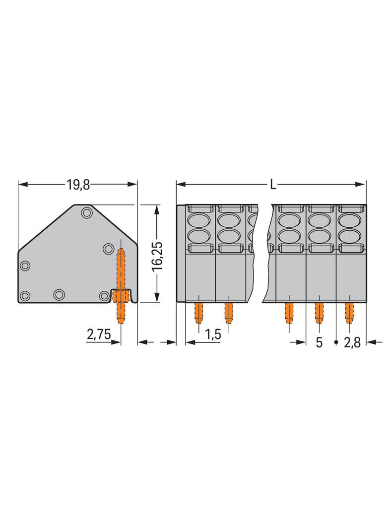 Listwa nasadzana do płytek drukowanych 8‑biegunowa szara raster 5mm 806‑108 /100szt./ WAGO
