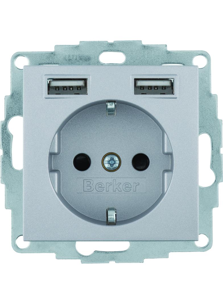 B.x Gniazdo SCHUKO z gniazdem ładowania USB 2,4 A; samozaciski; alu mat