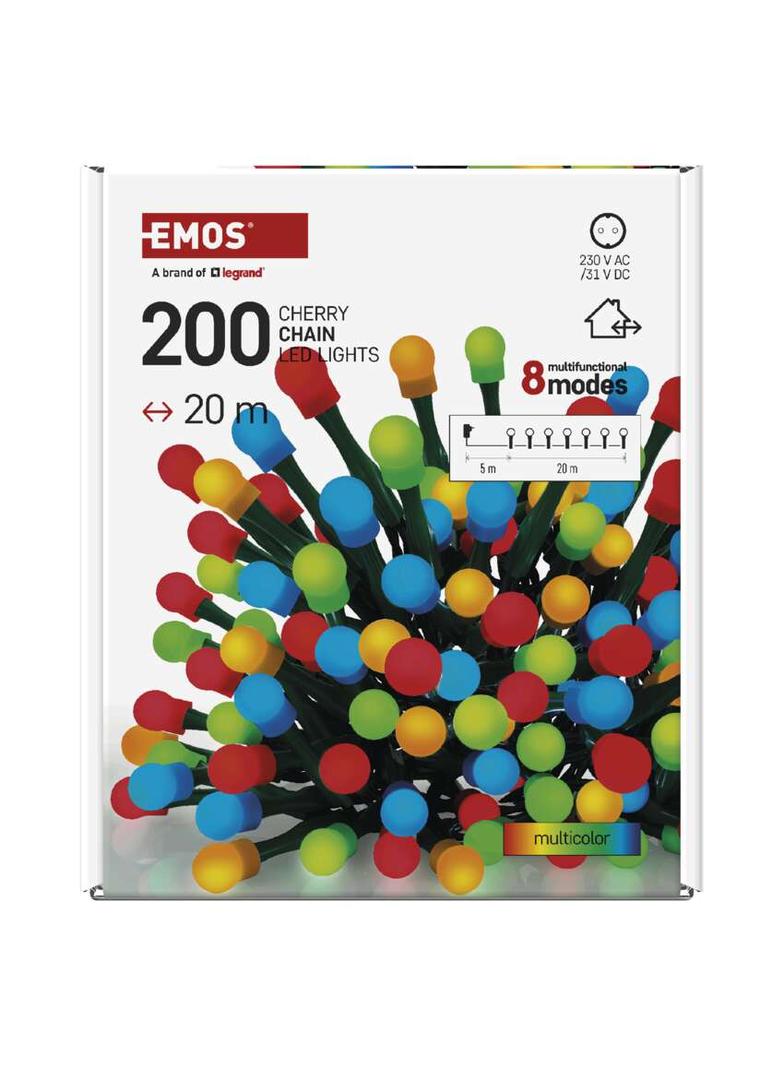Lampki choinkowe 200 LED cherry 20m multikolor zielony przewód IP44 8 programów timer D5AM23 EMOS