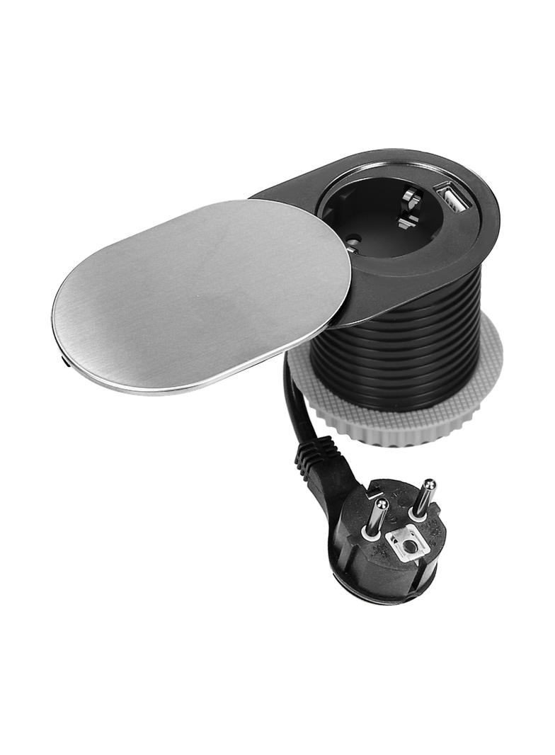 Gniazdo meblowe O6cm, wpuszczane w blat z przesuwną pokrywką, ładowarką USB i przewodem 1,9m, 1x2P+Z