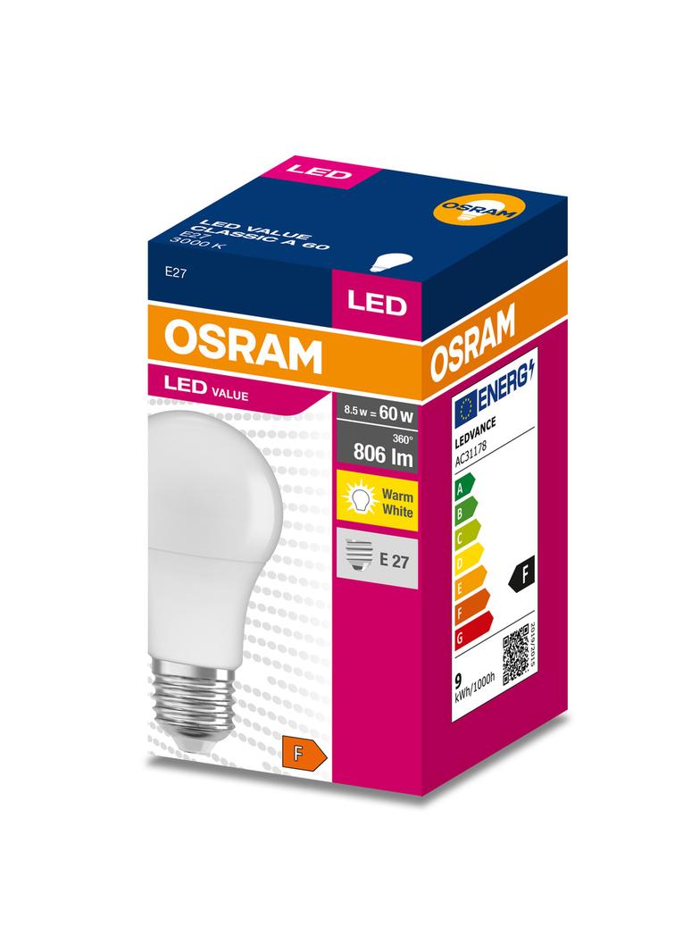 Lampa LED VALUE Classic A60 non-dim plastik 8,5W 830 E27