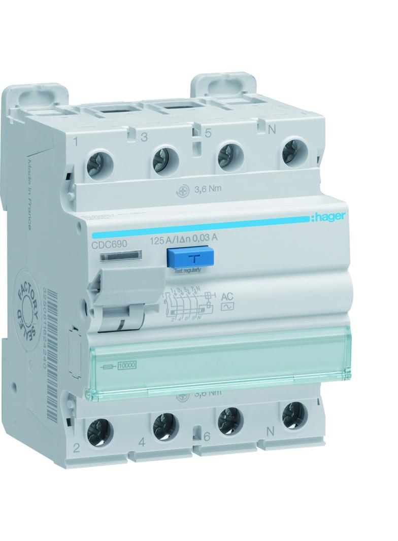RCCB Wyłącznik różnicowoprądowy 3P+N 125A 30mA 10kA AC CDC690 HAGER