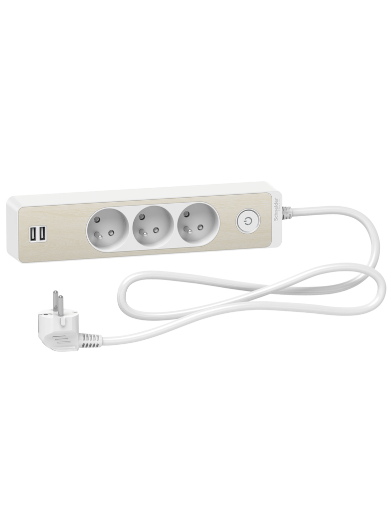 Odace, przedłużacz 3-gniazdowy z łącznikiem 2xUSB, 1,5m biały/drewno nordic