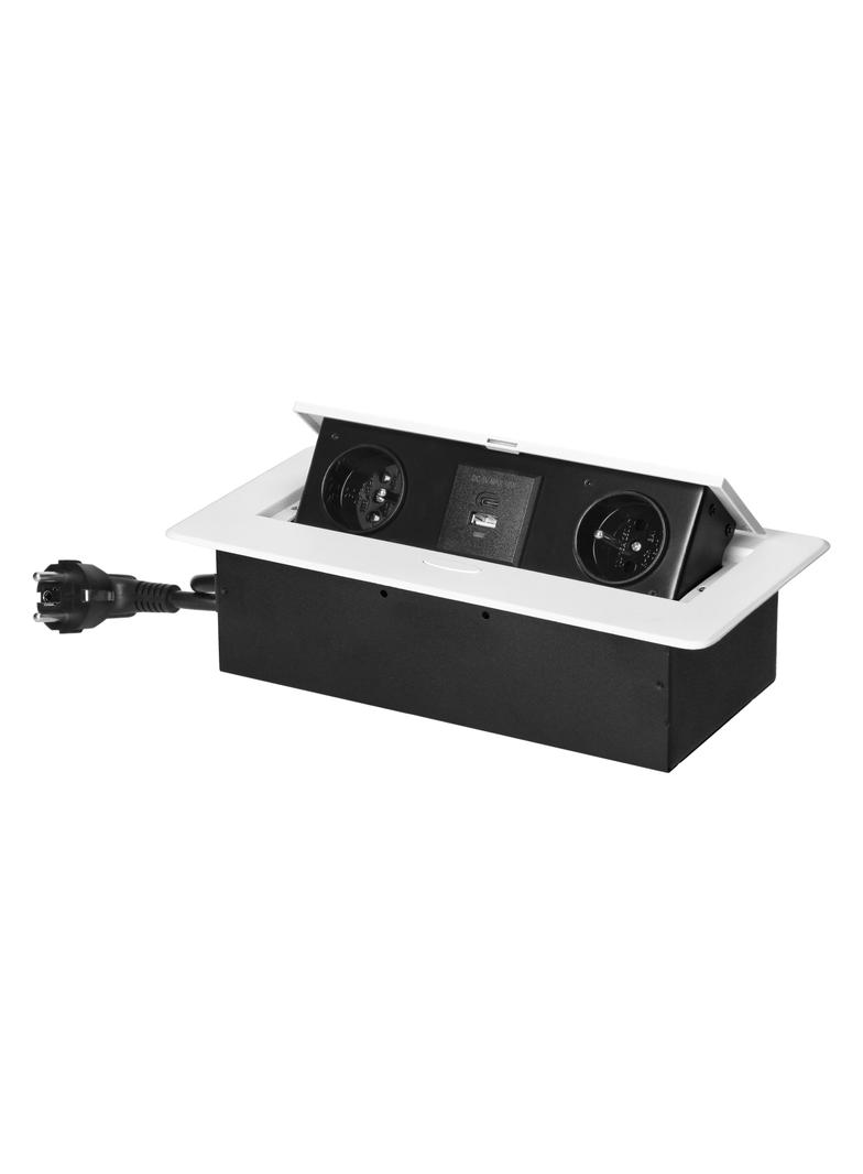 Gniazda meblowe wpuszczane w blat z płaskim frezowanym rantem, ładowarką USB i przewodem 1,5m, 2x2P+