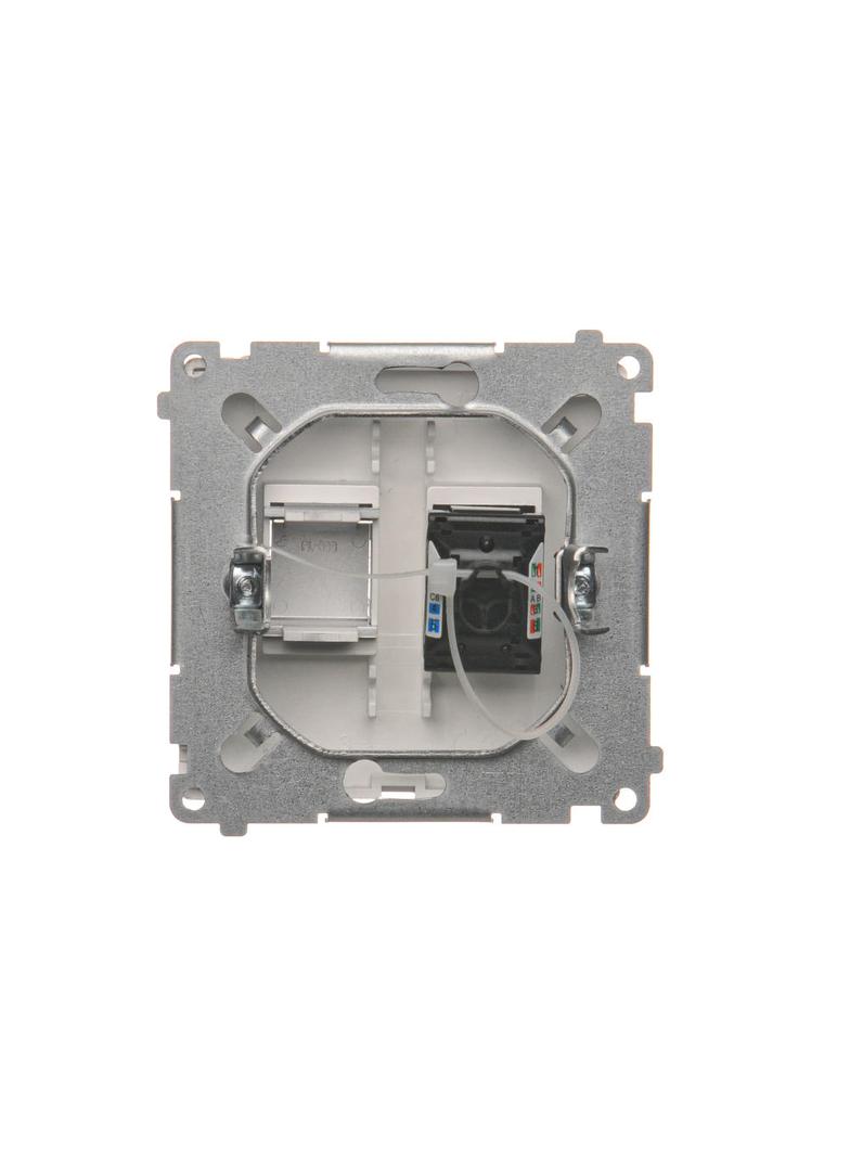 Simon Basic Gniazdo komputerowe RJ45 kategoria 6 pojedyncze z przesłoną przeciwkurzową . Montaż na łapki lub wkręty srebrny mat BM61.01/43 KONTAKT