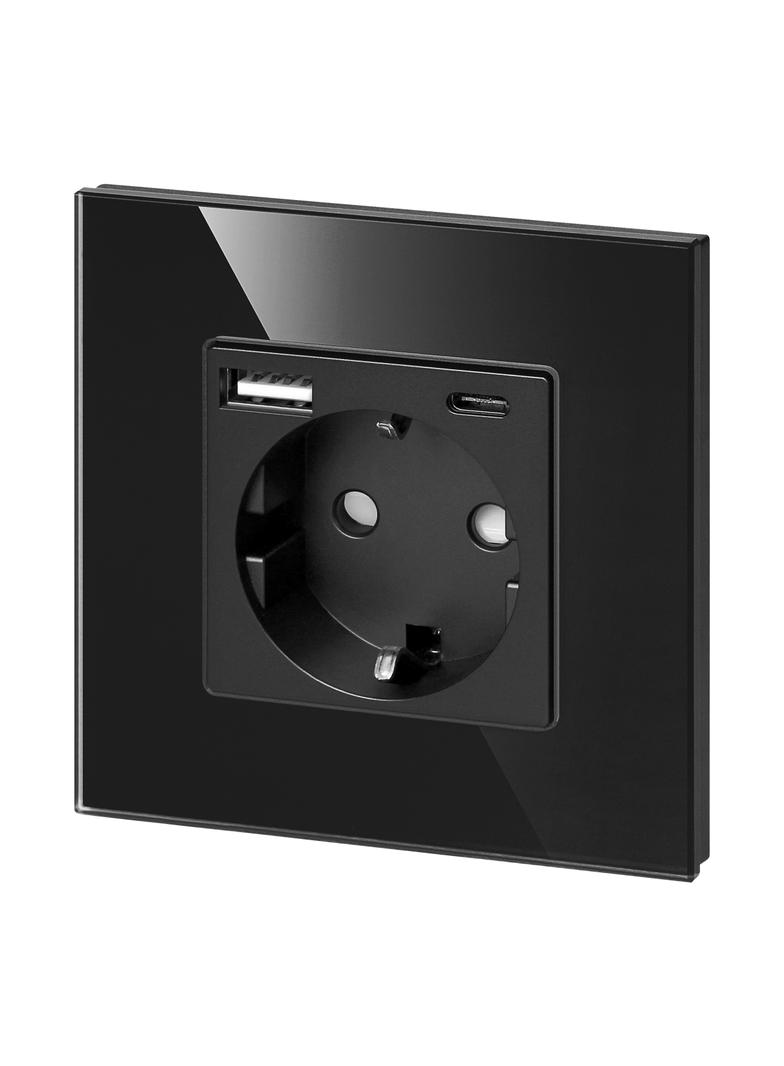 Gniazdo pojedyncze 2P+Z, Schuko, USB-A + USB-C, wyjście 5VDC max. 3A, czarny